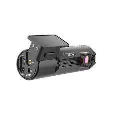 Compact black cylindrical portable projector with lens cap and mounting bracket on a white background