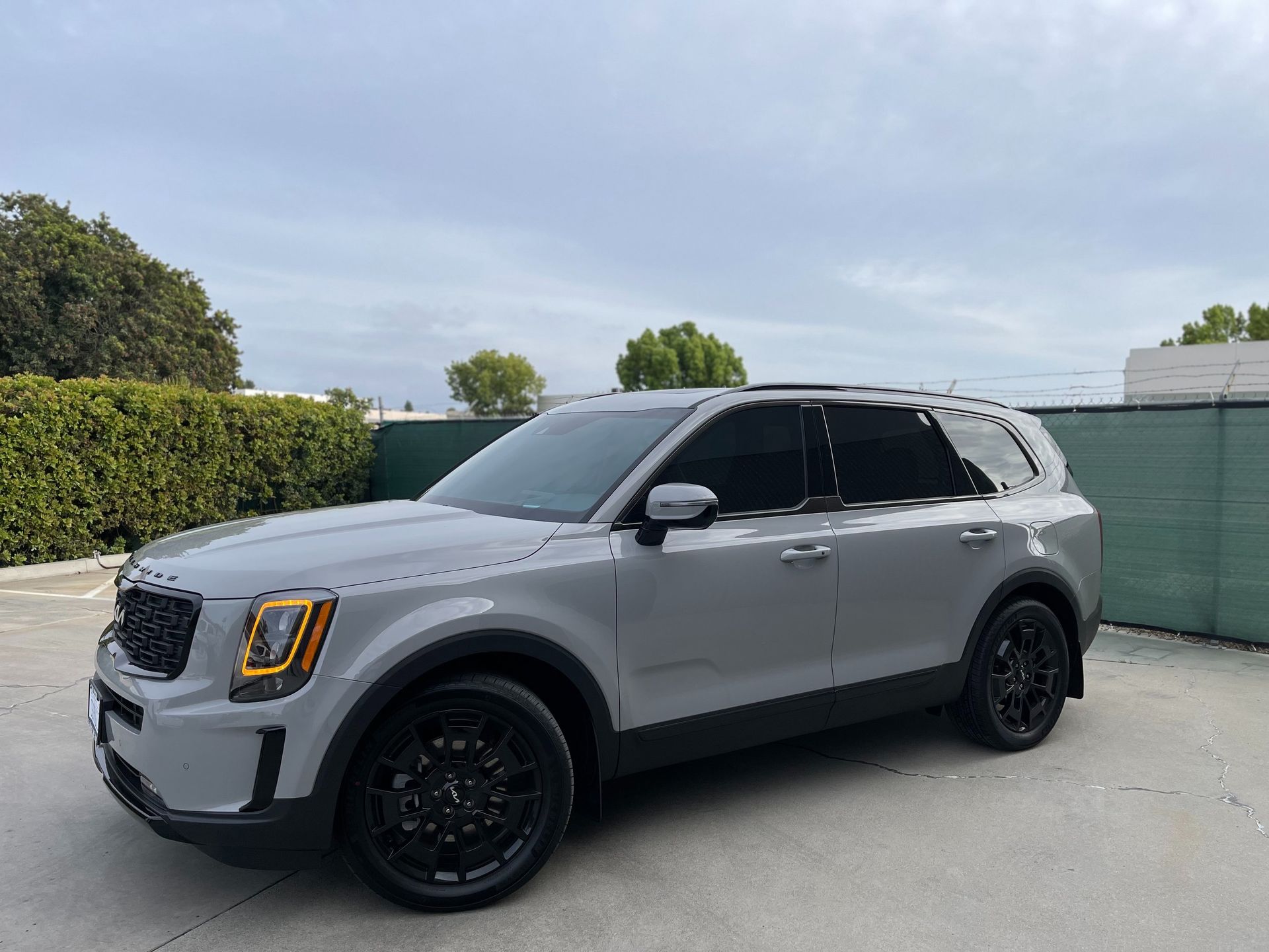 Gray SUV parked in a driveway beside a green fence under an overcast sky