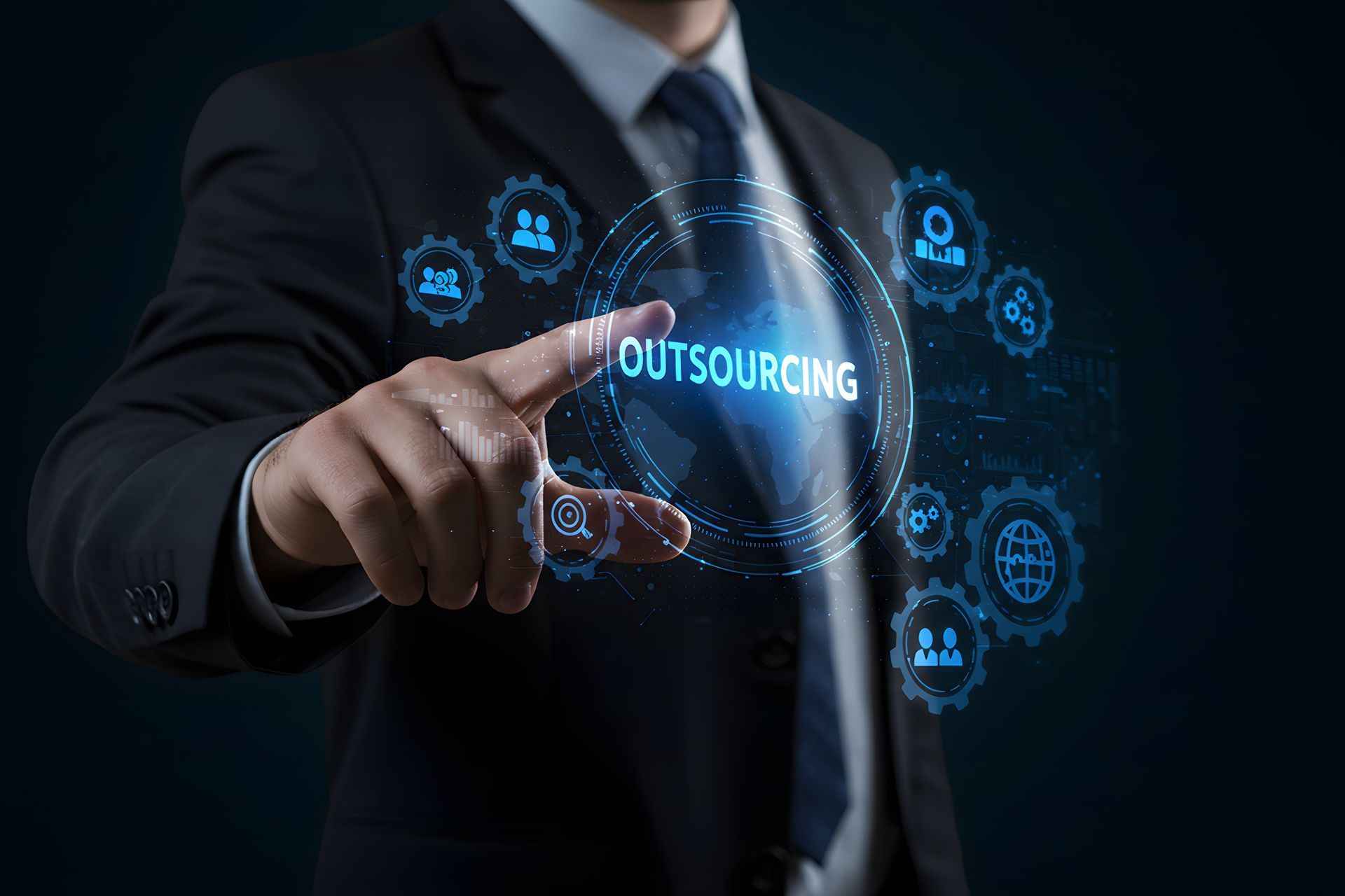 Businessperson in suit pointing at