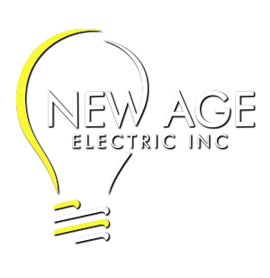 The logo for new age electric inc shows a light bulb.