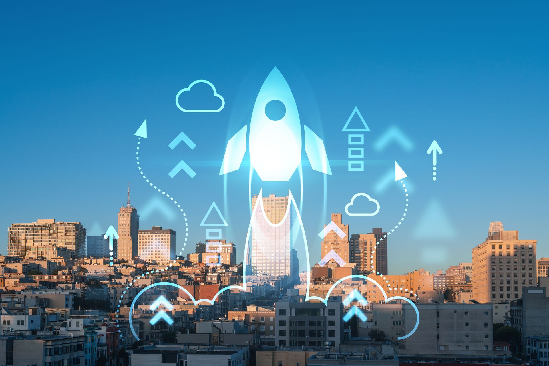 Image of illustrated rocket over San Francisco 