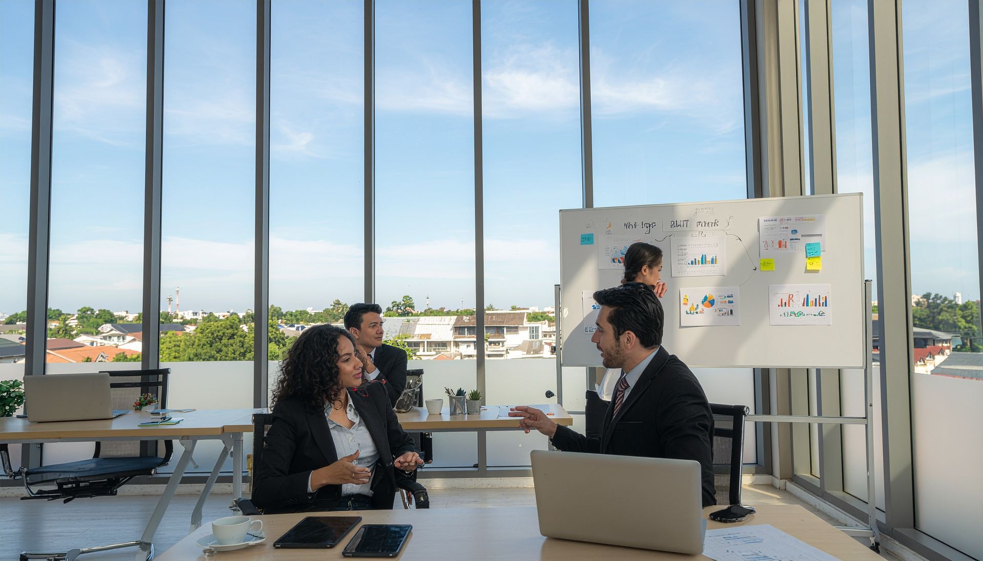 People meeting in a bright office conference room with city views, laptops, and a whiteboard.