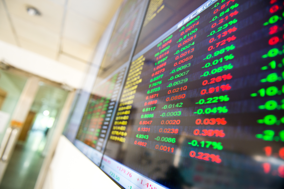 A computer monitor displaying a stock market chart