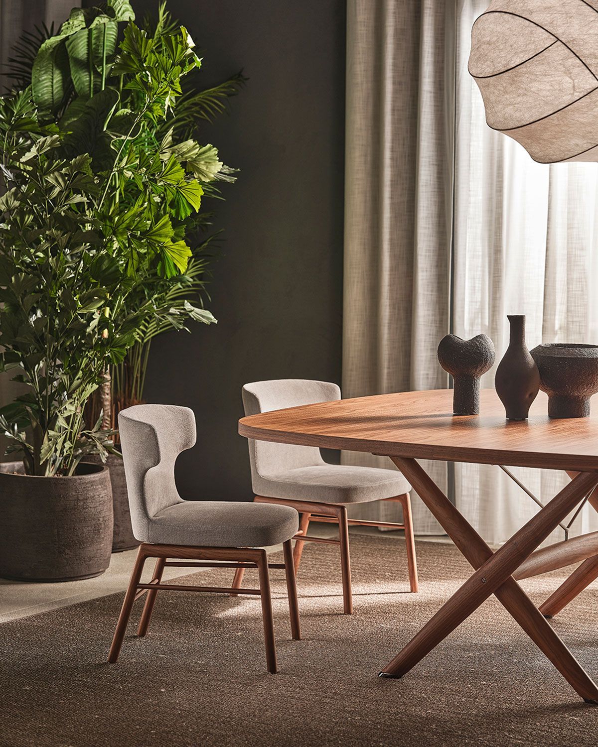 Comedor moderno con mesa de madera, sillas blancas, una gran planta en maceta y ventanas altas con cortinas.