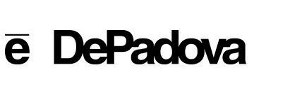 Logotipo de De Padova en blanco y negro con una “e” minúscula estilizada y texto en negrita sobre un fondo blanco.