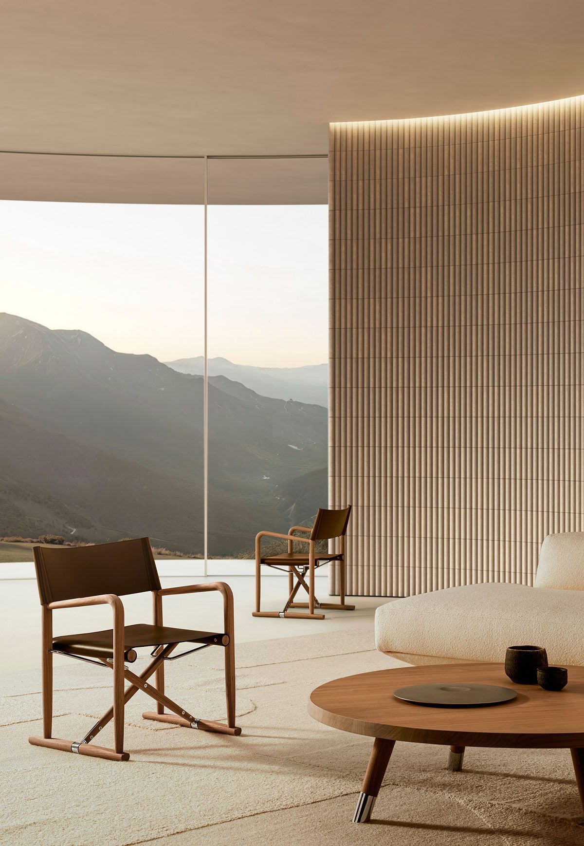 Salón moderno minimalista con sillas de madera, mesa baja y vistas a la montaña a través de grandes ventanales.