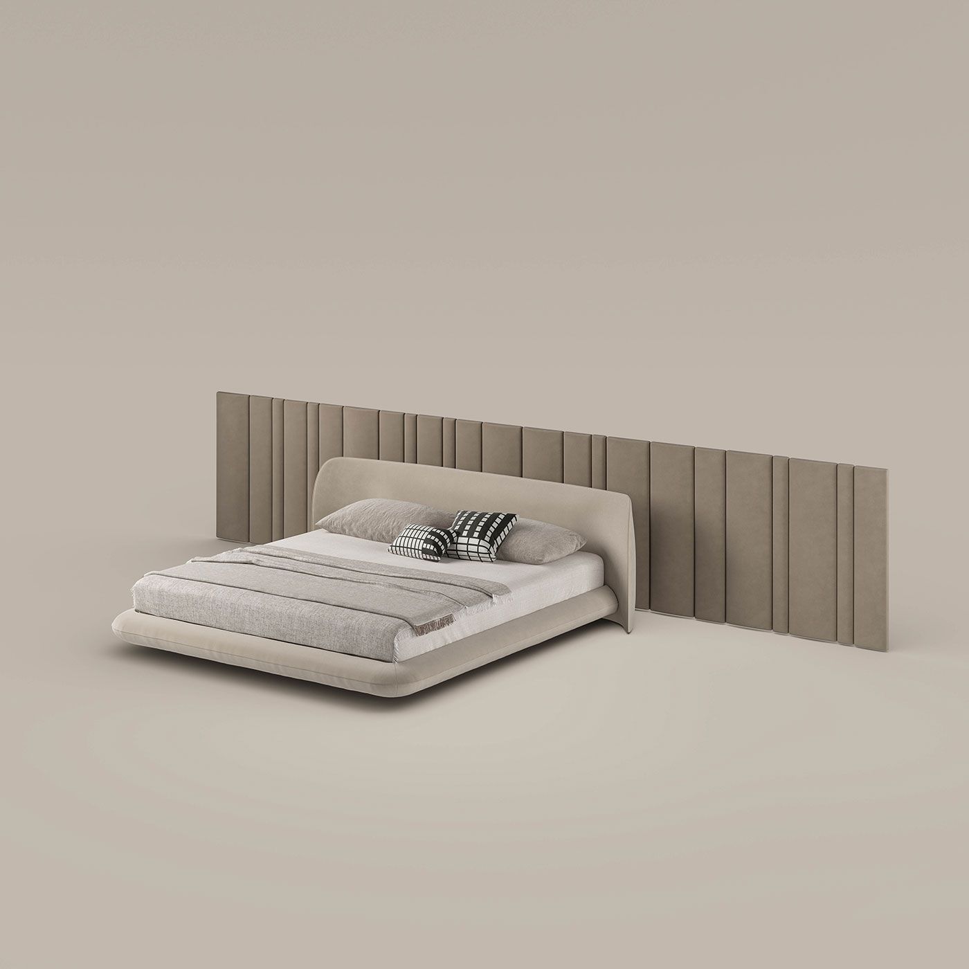Cama minimalista de color beige con cabecero y almohadas a rayas en una habitación limpia y vacía.