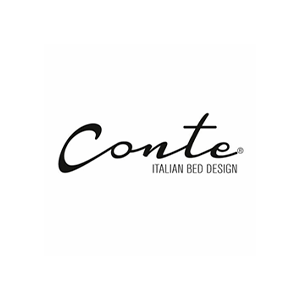 Logotipo de Conte con el texto “Diseño de camas italianas” sobre un fondo blanco.