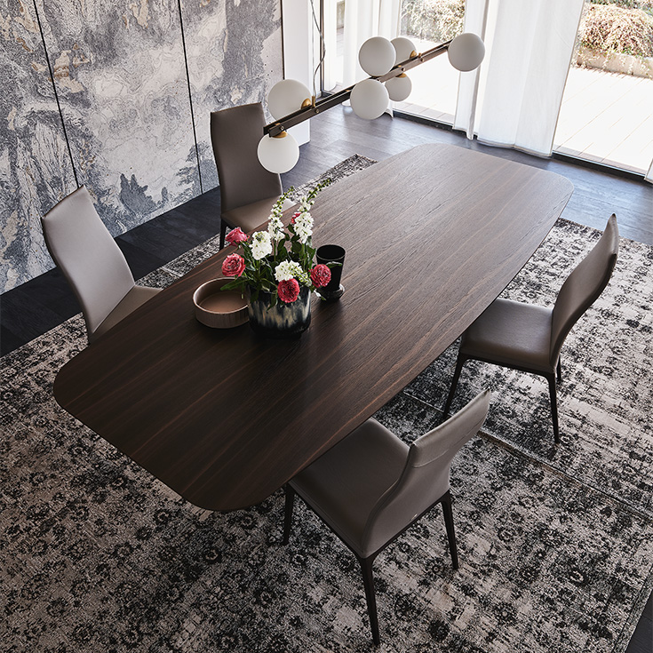 Comedor moderno con mesa de madera oscura, seis sillas, centro de mesa floral y alfombra estampada junto a una gran ventana.