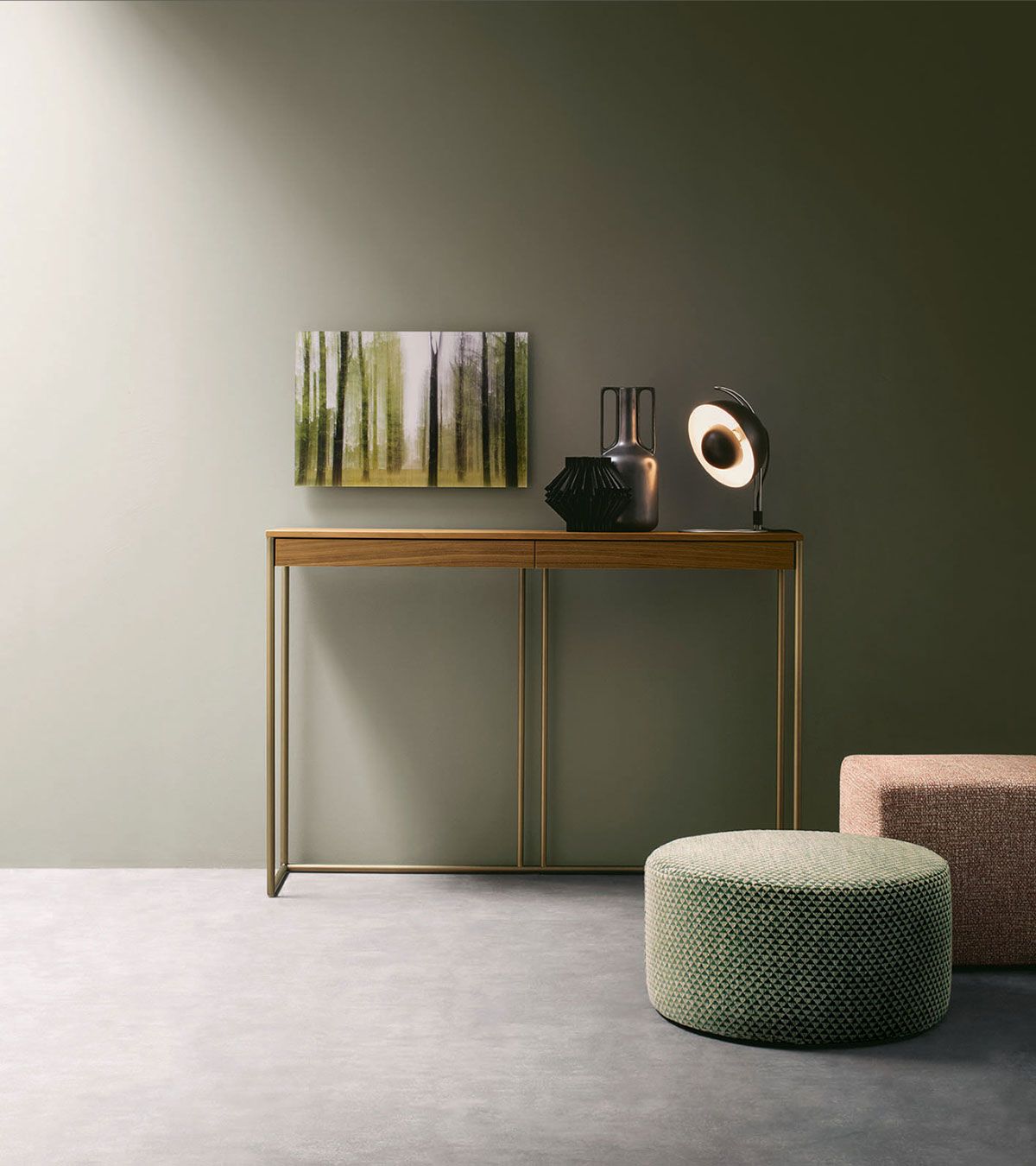 Sala de estar minimalista con una mesa consola de madera, cuadros en la pared