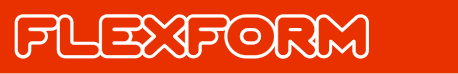 Pancarta naranja con el logotipo blanco de Flexform delineado en rojo.