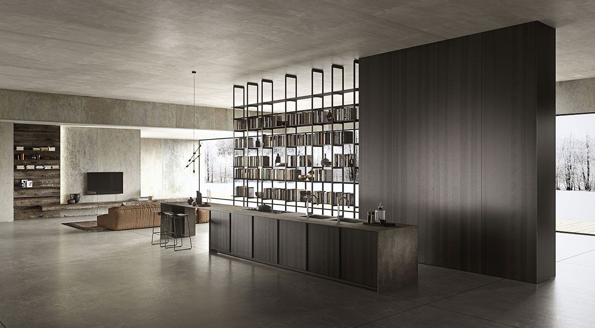Salón moderno y minimalista con armarios de madera oscura, estanterías abiertas y una chimenea baja.