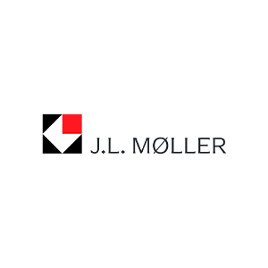 Logotipo de JL Møller con icono geométrico en negro, blanco y rojo y texto gris.