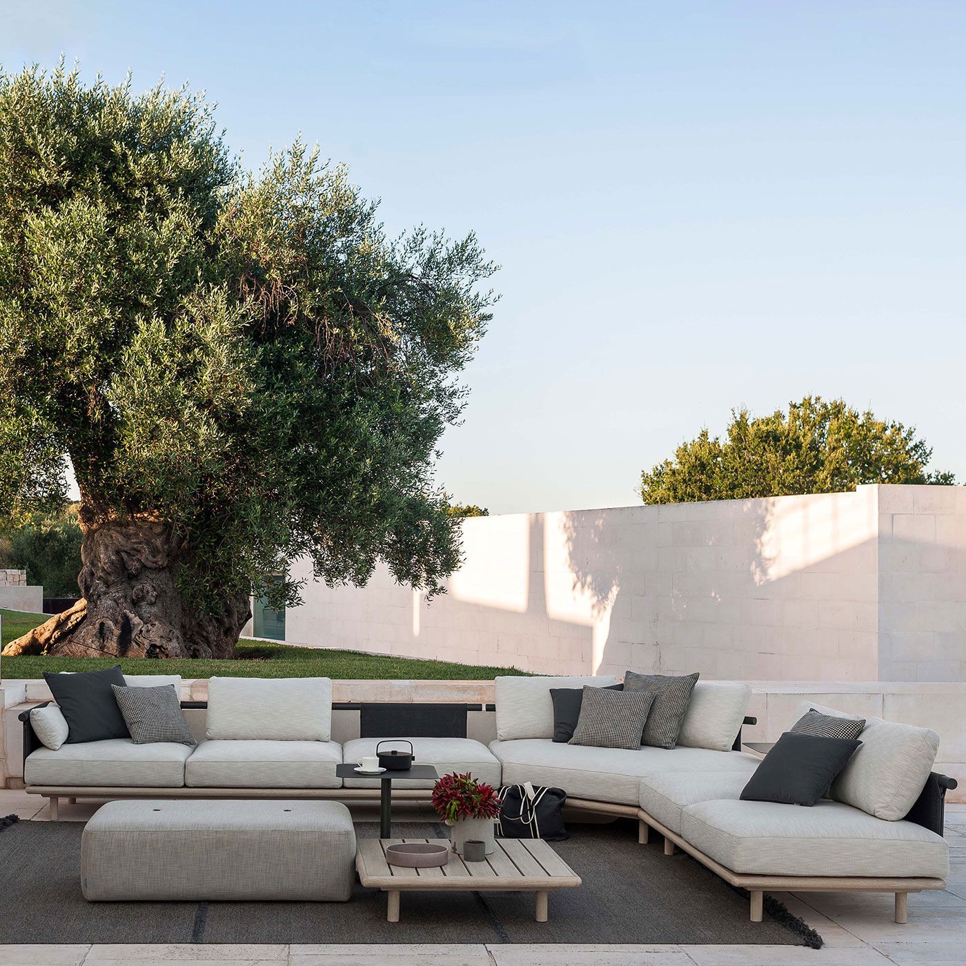 Patio exterior con sofá modular color crema, mesa de centro y un gran árbol junto a una pared blanca bajo un cielo despejado.