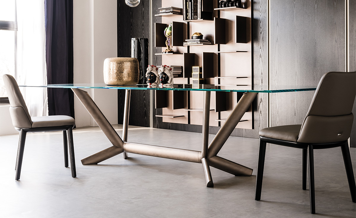 Comedor moderno con una mesa de cristal, dos sillas oscuras y una estantería al fondo.