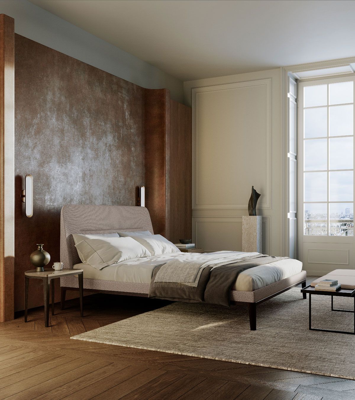 Dormitorio moderno con cama beige, pared decorativa marrón texturizada, ventana grande y decoración neutra.