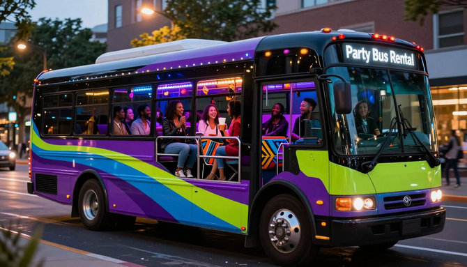 Purple-and-green city bus at dusk with passengers visible inside