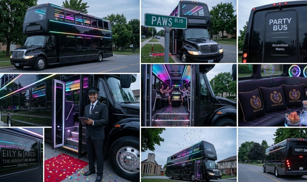 Decorated black party bus with neon lights and open door, parked on a leafy street at dusk.