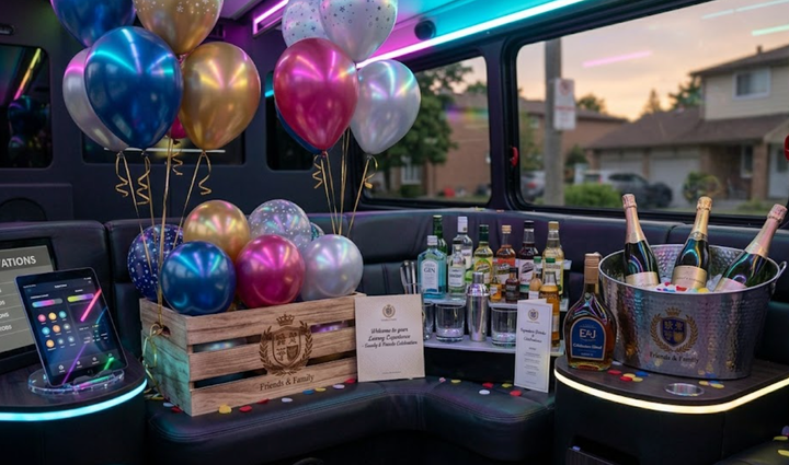 Balloon-decorated mobile bar with bottles, champagne, and a neon-lit tablet setup at dusk