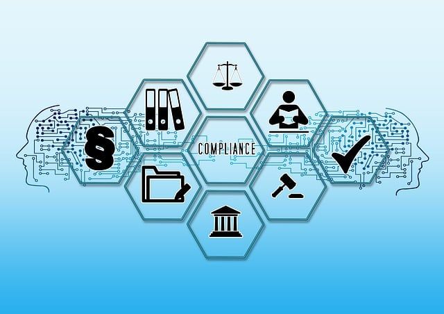“Graphic illustration of compliance concepts with icons for law, documents, justice, and approval connected in a digital network.”