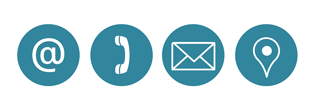 Icons representing email, phone, message, and location contact methods