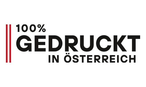 Logo: "100% GEDRUCKT IN ÖSTERREICH" in schwarzer Schrift, mit zwei vertikalen roten Linien auf der linken Seite.