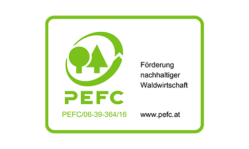 PEFC logo: green square with trees and text "For Förderung nachhaltiger Waldwirtschaft," promoting sustainable forestry.