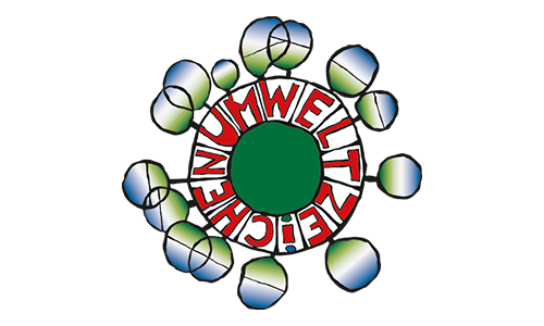 Logo mit dem Wort "UMWELTZEICHEN" um einen grünen Kreis, umgeben von abstrakten blauen und grünen Formen.