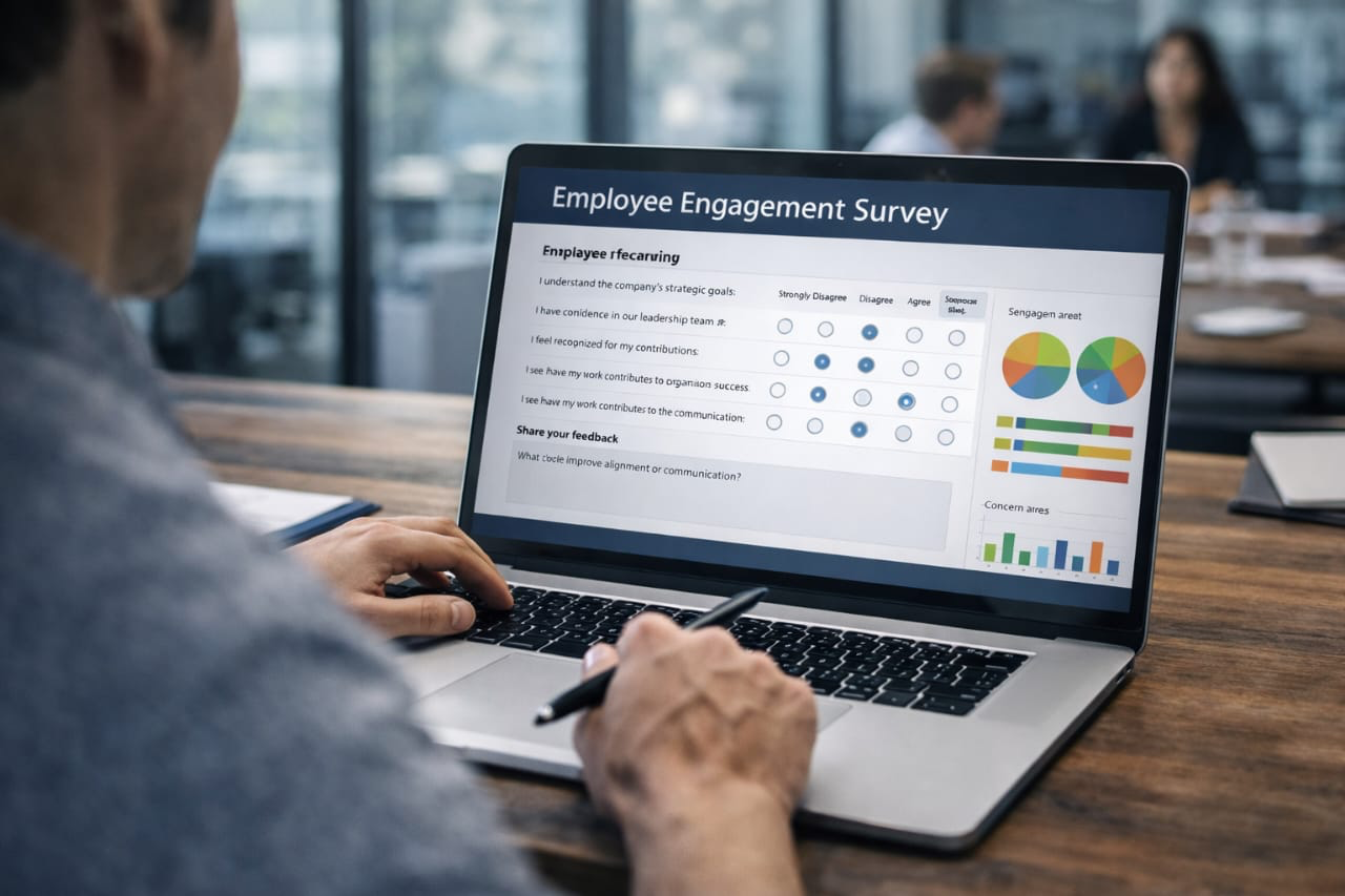 Employee completing a digital employee engagement survey using modern survey software.
