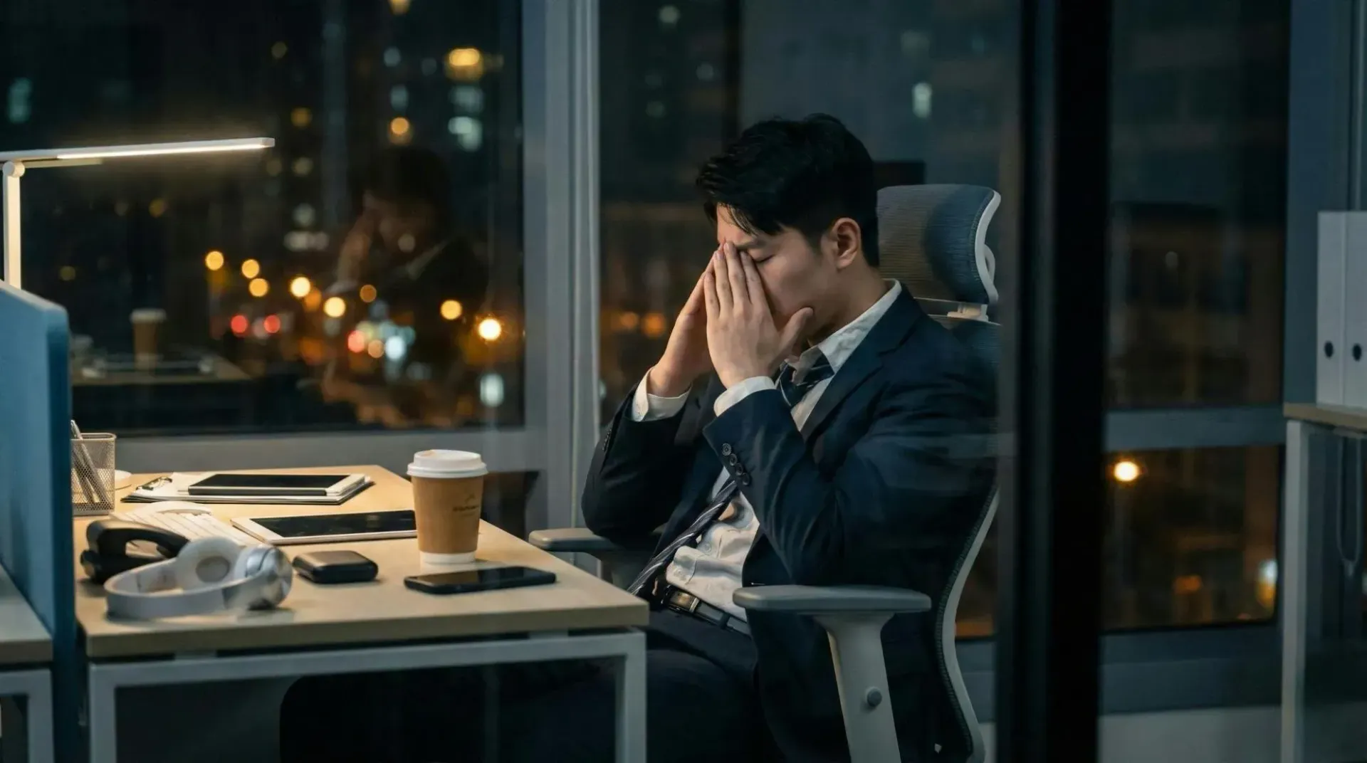 Overworked employee sitting at a desk late at night looking stressed and exhausted while working on a laptop.