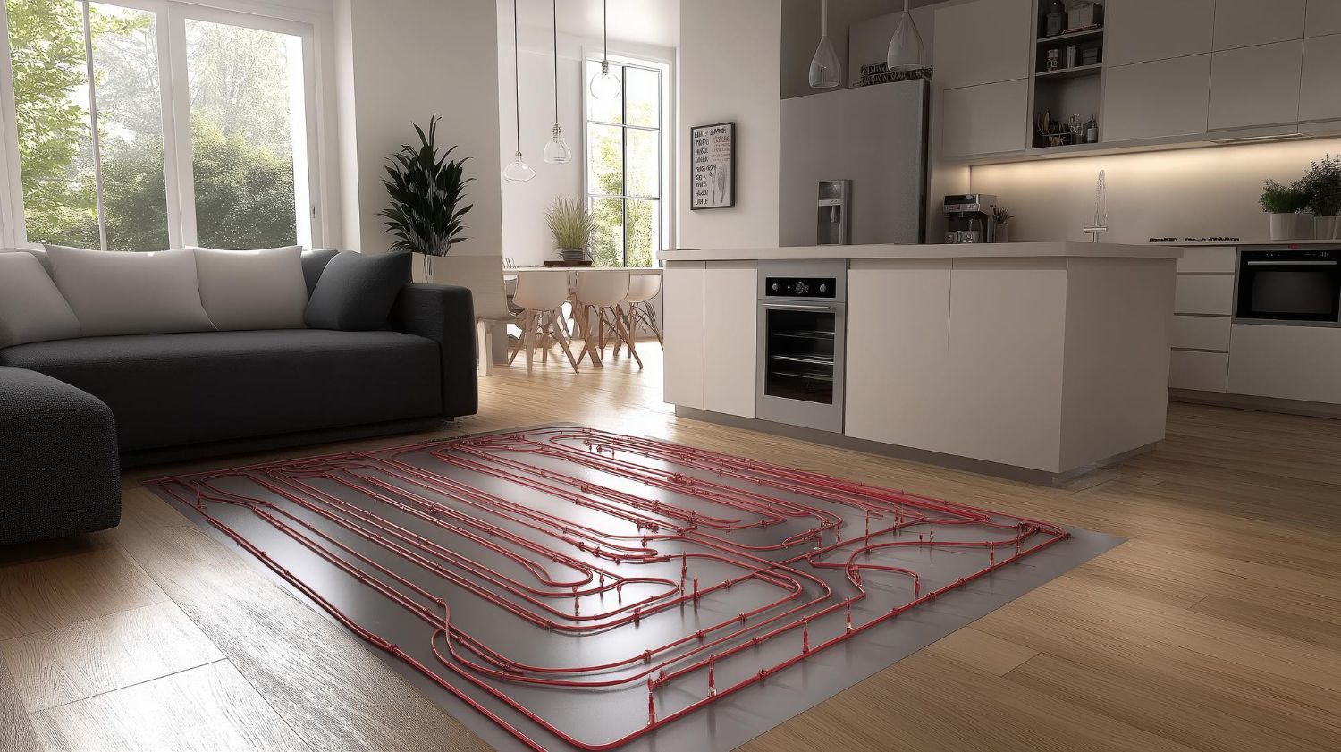 Modern open-plan living room and kitchen with a red rug overlay on the floor plan