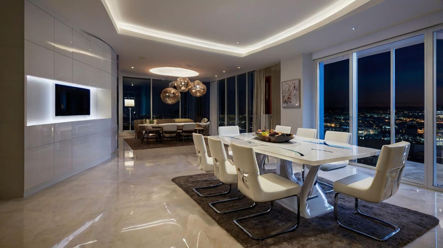Modern dining room with a white table, eight chairs, and a sleek TV console against a marble wall at dusk.