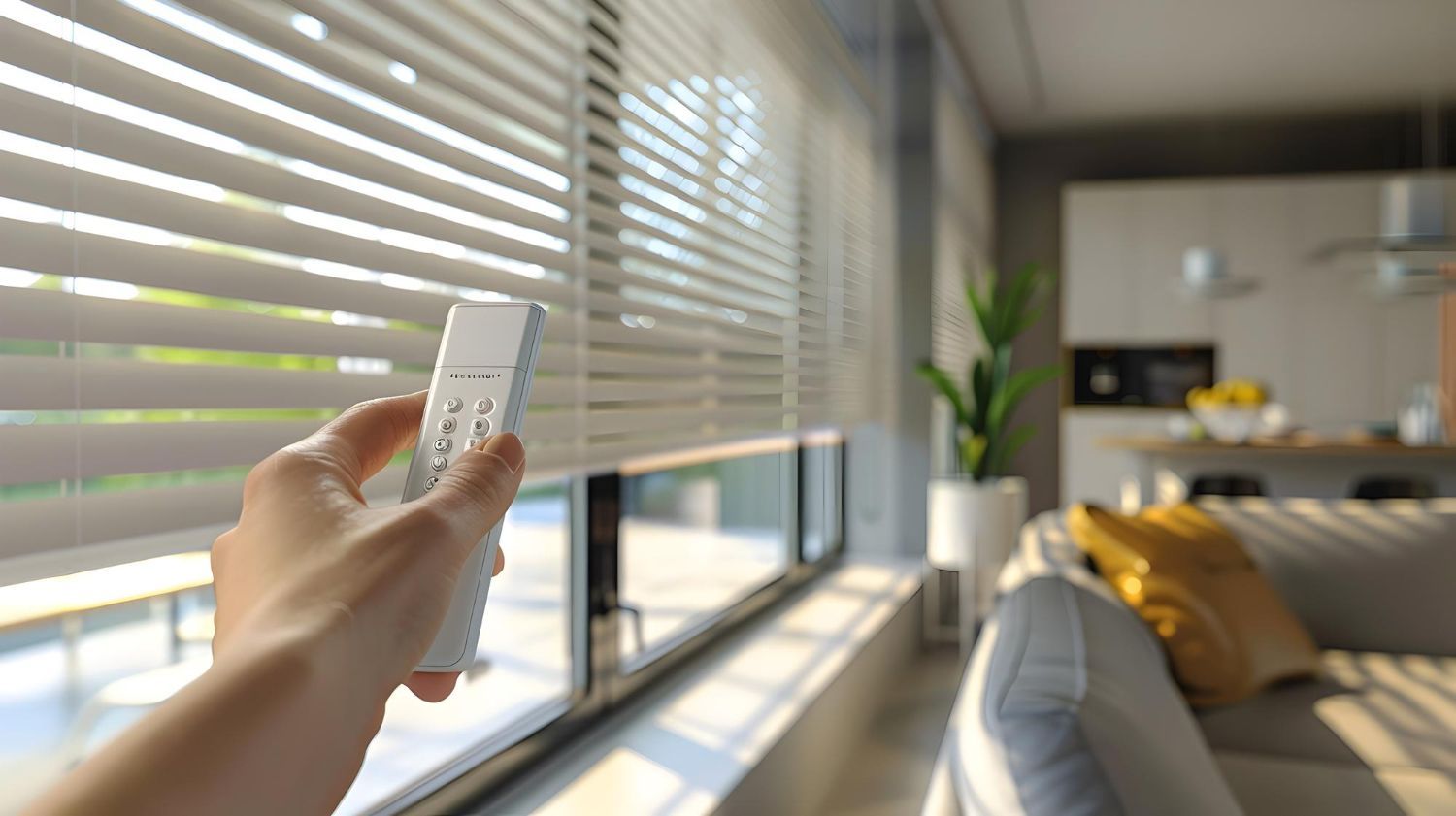 Hand holding a TV remote by a sunlit window with white blinds in a modern living room