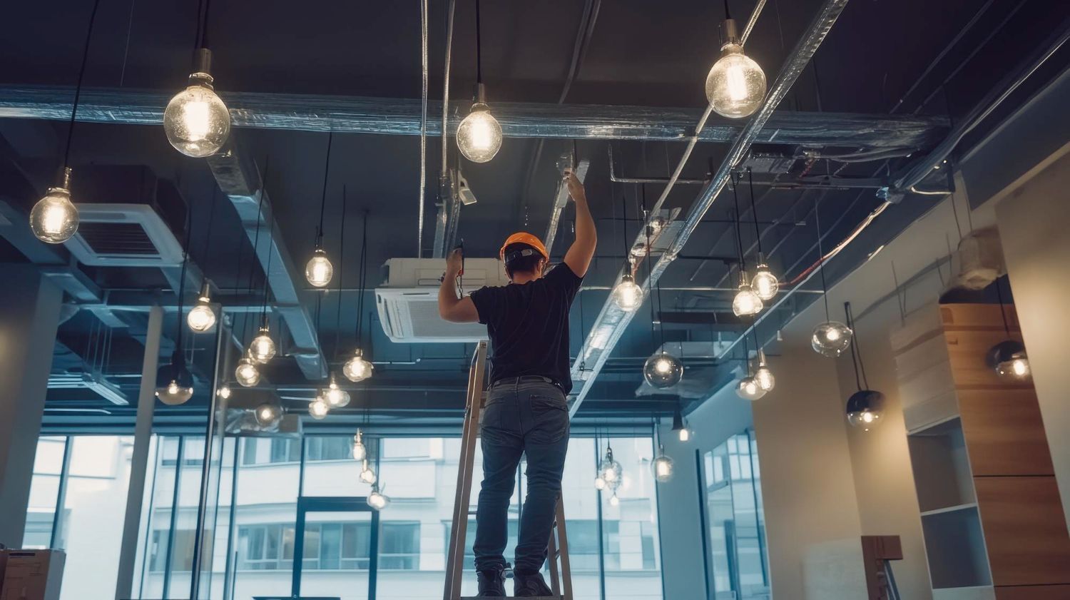 A worker in a hard hat standing on a ladder, adjusting hanging light bulbs in an office space with an open ceiling.