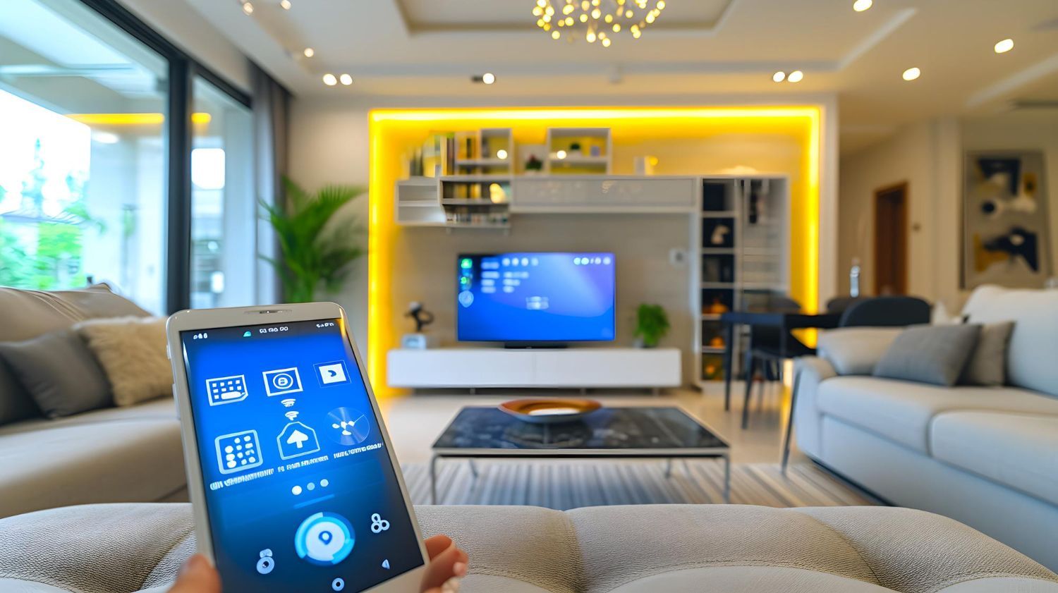 A hand holds a smartphone displaying a home automation app, overlooking a brightly lit, modern living room.