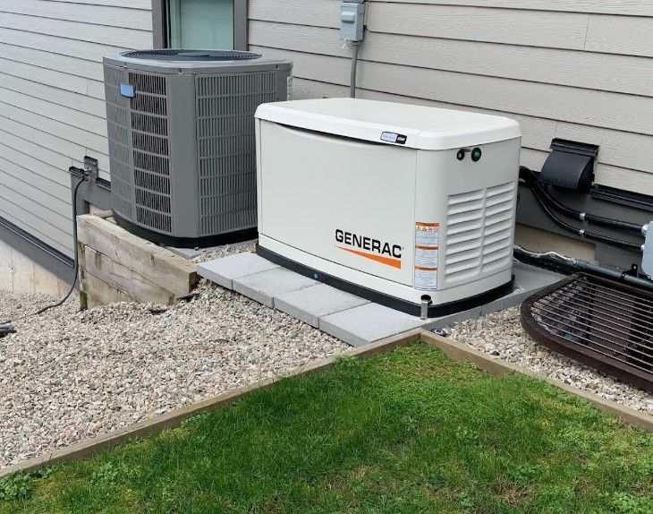 Two outdoor HVAC units on a concrete pad beside a house and lawn.