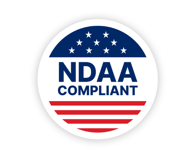 NDAA compliant sticker with US flag imagery. Blue stars, red stripes, and white background.
