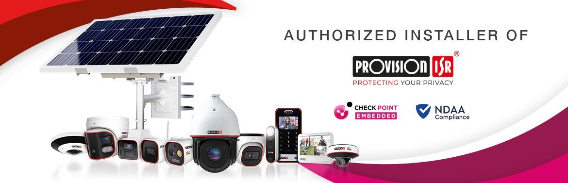 Solar-powered security cameras, authorized installer logo, products displayed on a white background, red/white/pink graphics.