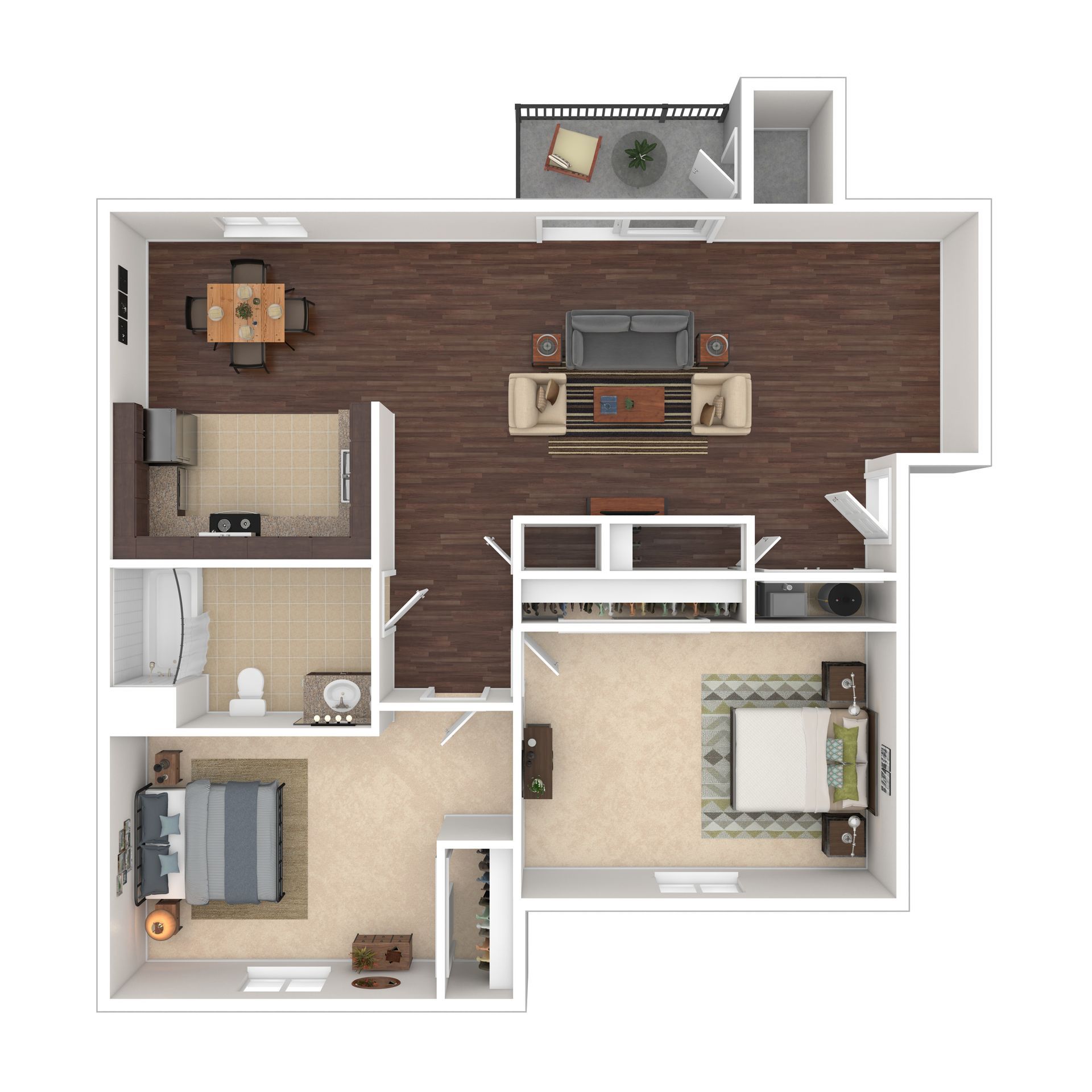 Floor plan of a two-bedroom apartment. Features kitchen, dining, living room, balcony, and two bedrooms.