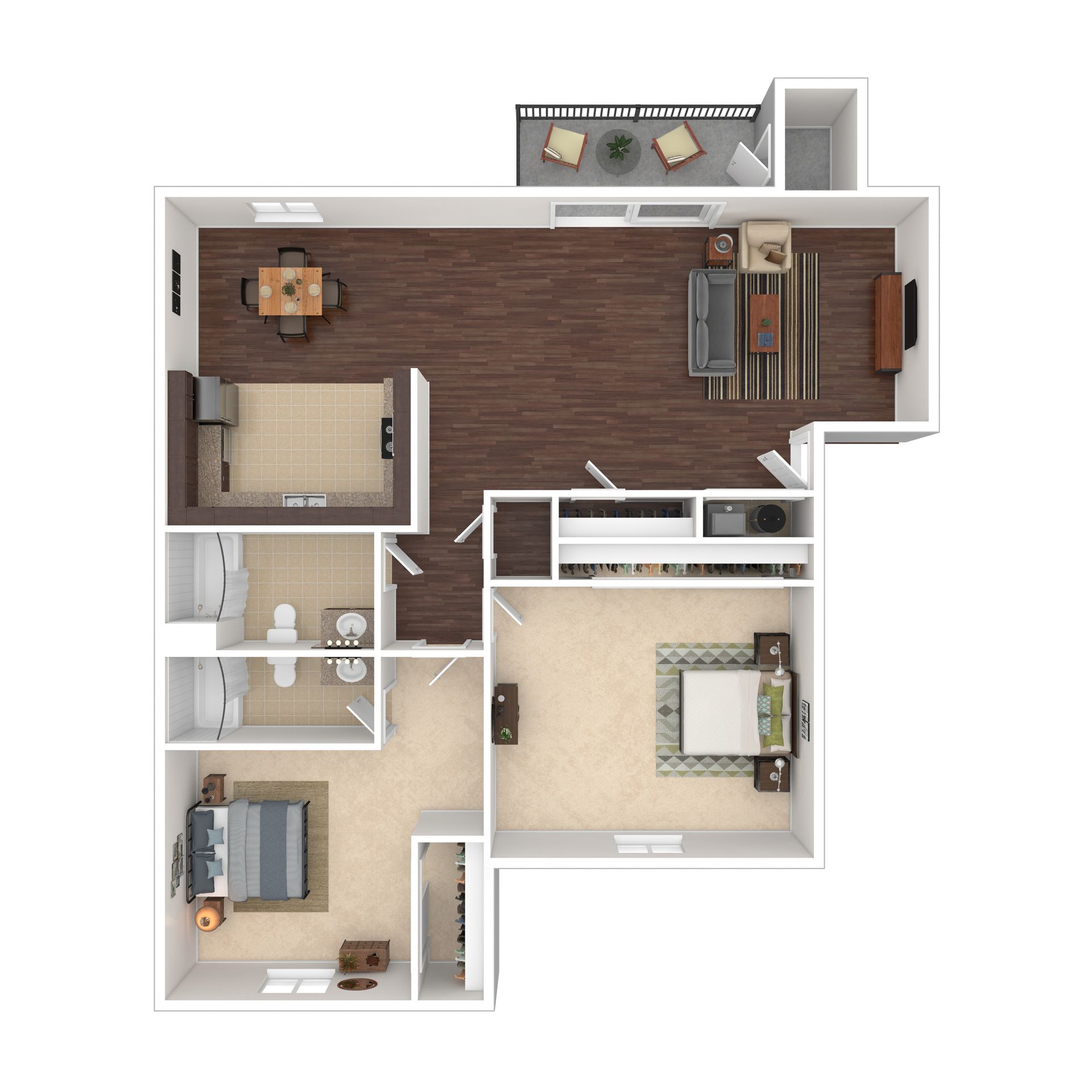 Floor plan of an apartment, two bedrooms, living/dining room, kitchen, and balcony. Brown and beige color scheme.