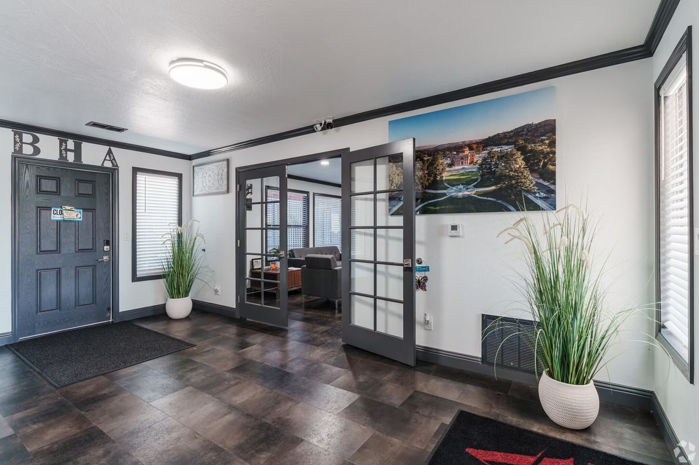 Interior office space with dark gray trim, doors, and dark wood-look flooring. There is a decorative landscape photo.