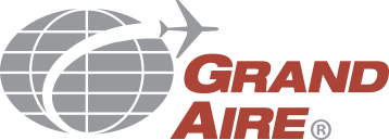 A logo for grand aire with a plane flying over a globe