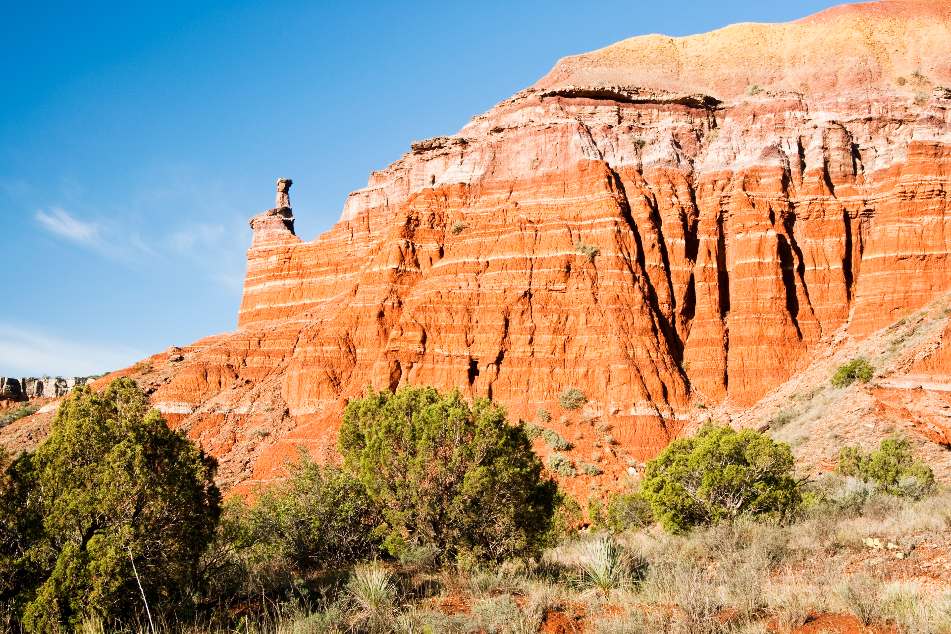 Red sandstone cliffs under a blue sky, with green shrubs and trees in the foreground.