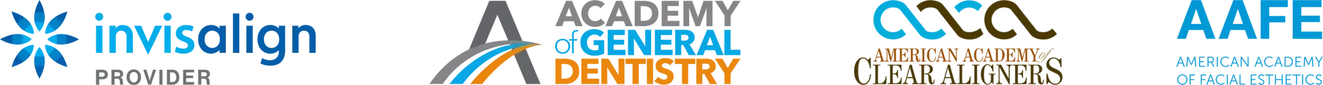 Logos for Invisalign, Academy of General Dentistry,  CSCD, and AAFE.