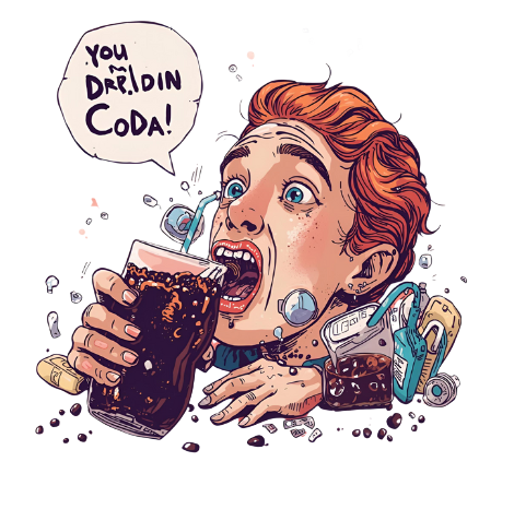 Man drinking dark soda; speech bubble reads 