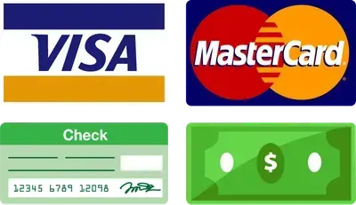 Logos of Visa, Mastercard, check, and cash.