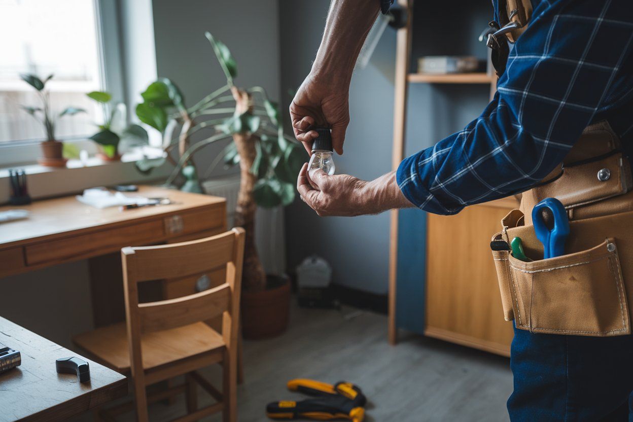 A man is fixing a light bulb in a room.