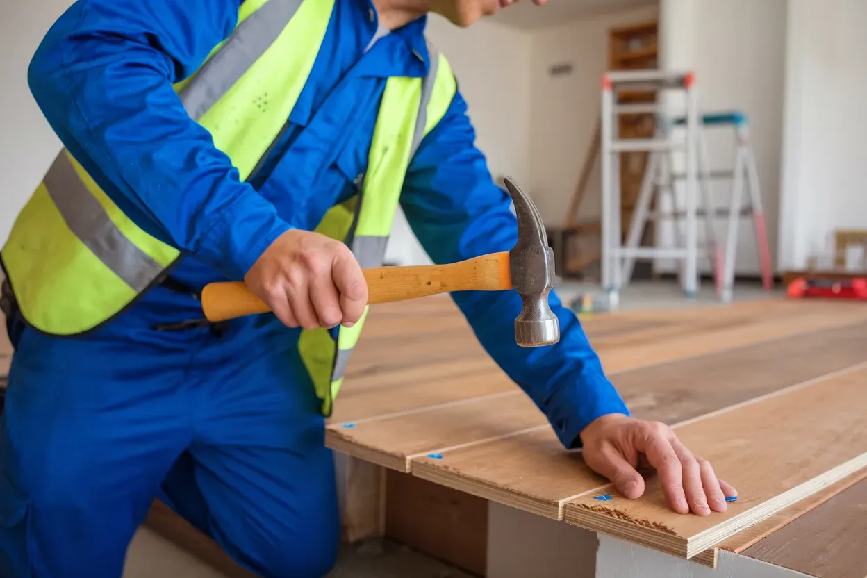 A man is using a hammer to hammer a piece of wood.