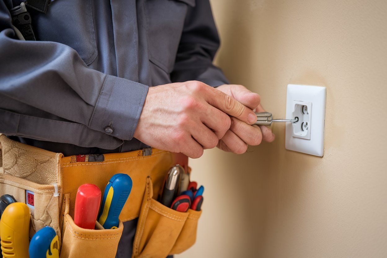 A man is fixing an electrical outlet with a screwdriver.