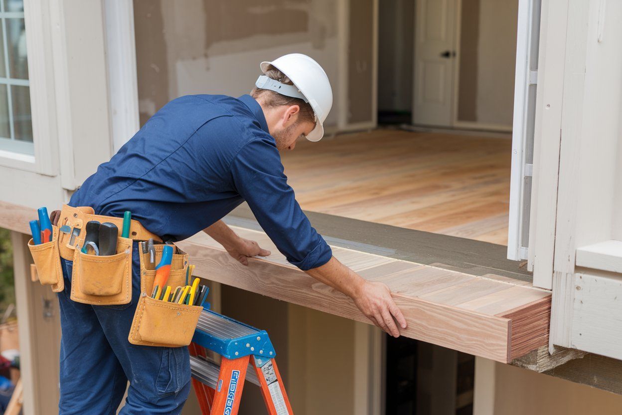 A man is standing on a ladder working on a wooden beam.